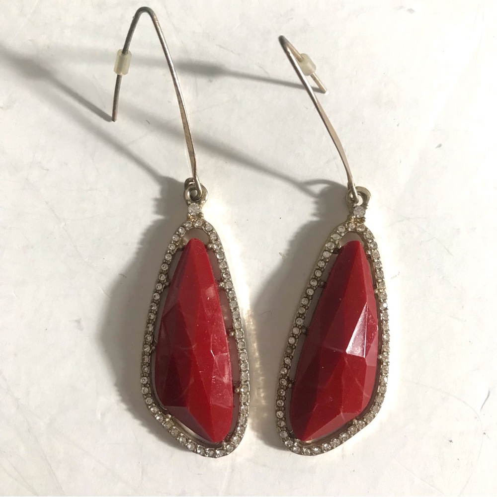 Red Faceted Teardrop Dangle Earrings with Crystal Halo
